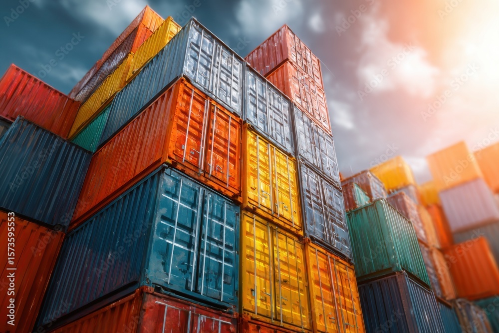 Fototapeta premium Colorful Cargo Containers Stacked in Industrial Shipping Yard