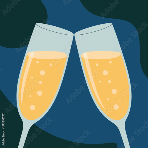 Two champagne glasses clinking together with bubbles and a dark blue background