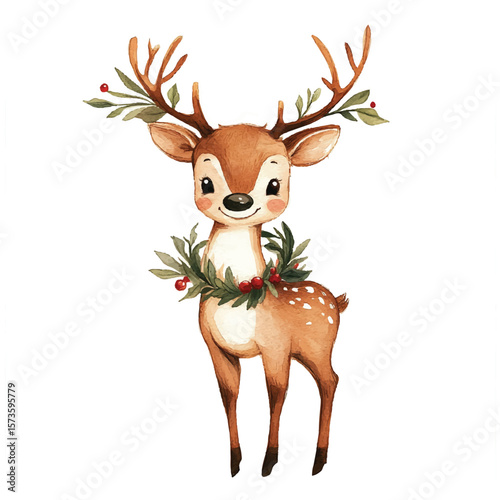 Adorable Watercolor Fawn with Antler Accents and Festive Wreath