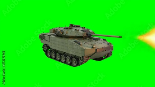 Military Tank Firing With Green Screen Background Simulation Of Battle Scene