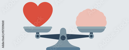 Heart and brain on a balance scale representing emotional vs logical decision making