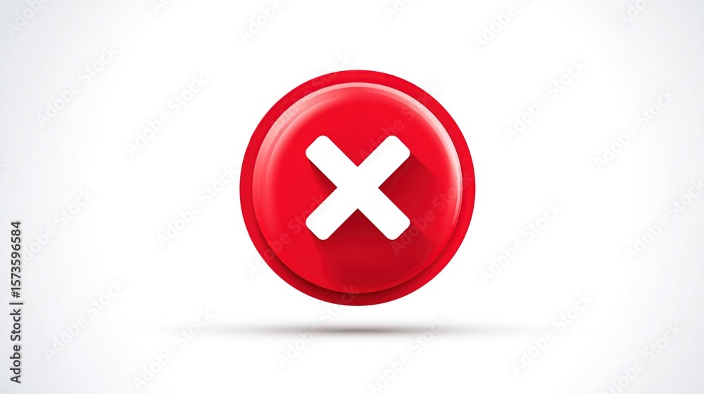 Obraz premium Glossy red circle button with a white X shape, casting shadow, isolated on white
