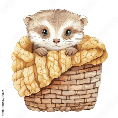 Adorable Watercolor Ferret Snuggled in Woven Basket with Cozy Blanket