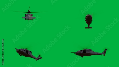 Four military helicopters flying in formation on a green screen and animated chromakey background colorful expression cartoonish figure motion movement emotion style illustration layers