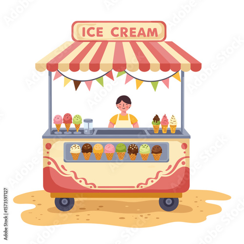 Ice cream kiosk on the beach with a female seller -minimalist flat vector illustration on transparent or white background, PNG

