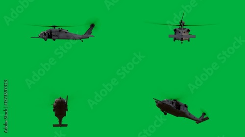 Four military helicopters flying in formation on a green screen and group of through animated chromakey background gesture emotion creative layers frame style expression figure cartoonish