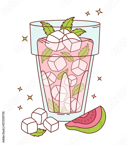 Pink Guava tropical Drink with Ice and Mint leaves. Summer Fruit Refreshing Cocktail with straw and slices. Vector Illustration. Not ai