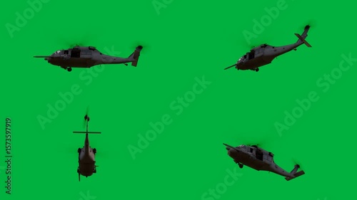 Four military helicopters flying in formation on a green screen and group of through animated chromakey background backgrounds cartoonish scene creative depth emotion motion expression