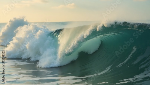 Fototapeta Naklejka Na Ścianę i Meble -  Large ocean wave with white foam cresting in the sea at sunset.