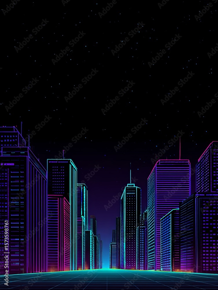 Fototapeta premium Futuristic cityscape poster with glowing neon lights and high-tech architecture, representing innovation, technology, and modern urban development for visionary corporate branding