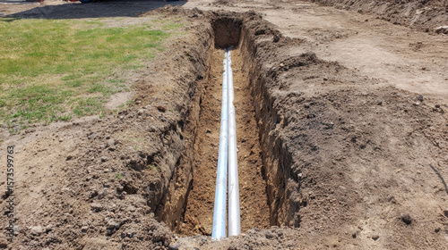 Deep trench with two white pipes laid in soil for underground installation showing exposed earth and grass nearby