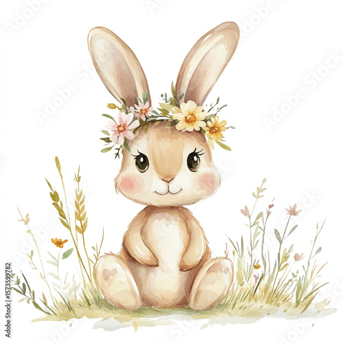 Adorable Watercolor Bunny Wearing Floral Crown Amidst Delicate Meadow Grasses