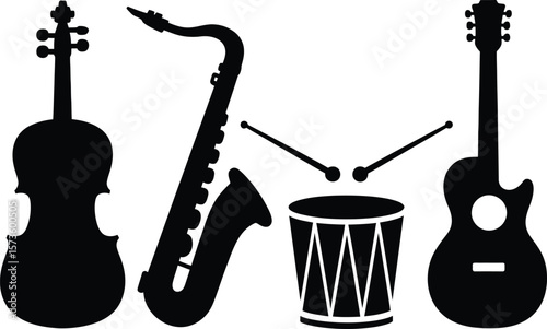 Collection of black silhouettes of musical instruments