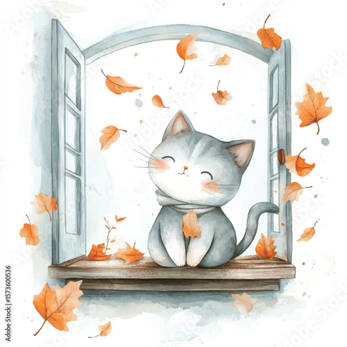 Adorable Watercolor Cat Enjoying Autumn Leaves Falling Outside the Window