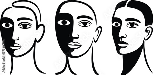 Minimalist black and white abstract faces with half shaded features