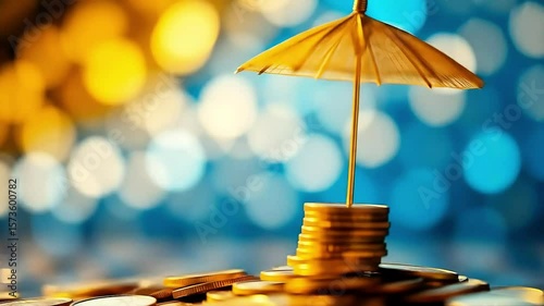 A decorative umbrella atop a stack of coins, symbolizing financial protection against uncertainty