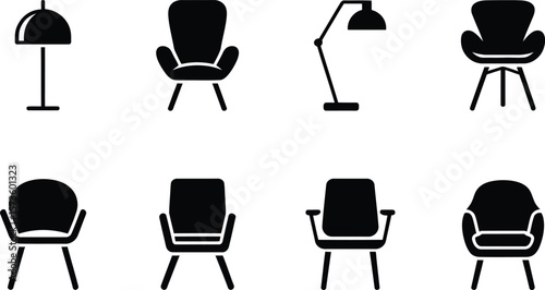 Collection of modern black furniture icons including chairs and lamps