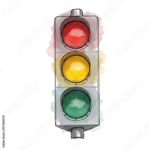 Watercolor Illustration of Traffic Light Red Yellow and Green Colors