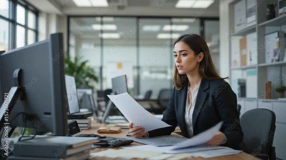 Focused young businesswoman reviewing paperwork at her desk in modern office setting Focused young businesswoman reviewing paperwork at her desk in modern office setting