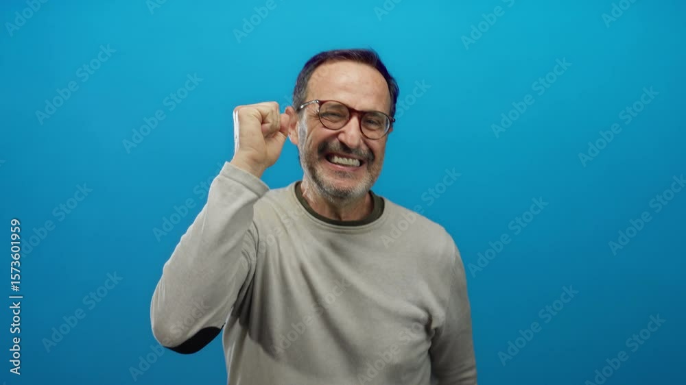 Mature hispanic man expressing joy and excitement with raised hands against a vibrant blue background, showcasing an enthusiastic and animated expression. Mature hispanic man expressing joy and excitement with raised hands against a vibrant blue background, showcasing an enthusiastic and animated expression.