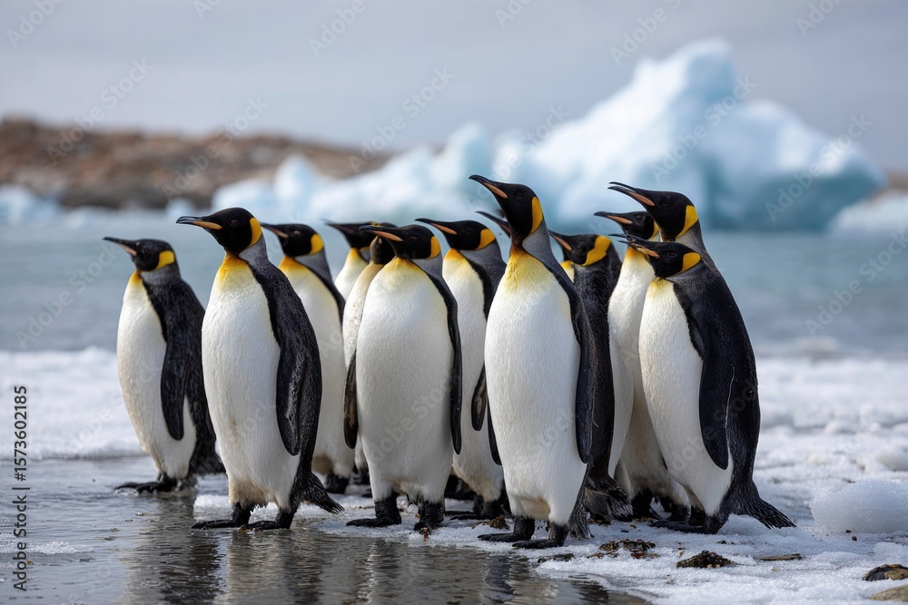 Fototapeta premium A group of emperor penguins tightly gathered on a slushy beach