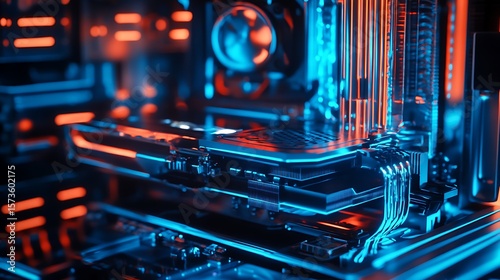 Inside Computer Glowing with Neon Orange and Blue Lights