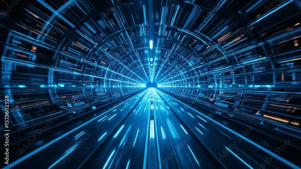 Futuristic Technology Tunnel with Glowing Blue Lights and Sci-Fi Architecture