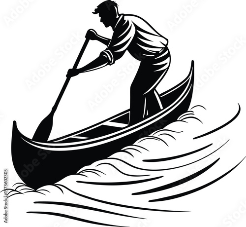 Canoeing Icon Set – Man Paddling Wooden Boat on Water Silhouette Illustration