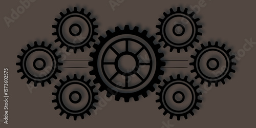  seven gears connected by lines on a neutral background in a simple and clean style, conveying precision and connection.