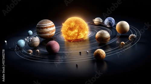 Fototapeta Naklejka Na Ścianę i Meble -  illustration of the entire solar system showing the sun at the center with all planets orbiting around it in perfect circular paths