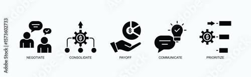 Debt To Done Icon Set Isolated Vector With Icon Of Negotiate, Consolidate, Payoff, Communicate, Prioritize In Glyph Style