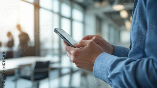 Man using smartphone in a modern office setting, browsing or texting, close up shot