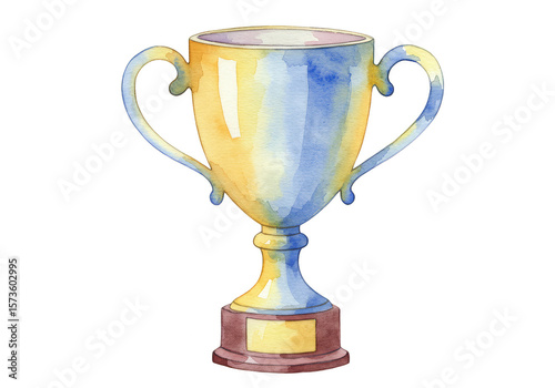 Watercolor Trophy Illustration Golden and Blue Cup on Transparent Background