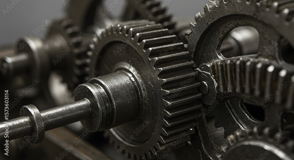 Close-up view of intricate metal gears and shafts, showcasing the complex mechanism of an industrial machine. Close-up view of intricate metal gears and shafts, showcasing the complex mechanism of an industrial machine.