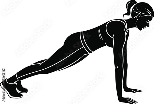 Female Fitness Icon Set – Push-Up, Plank, Bodyweight Exercise Silhouette Illustration
