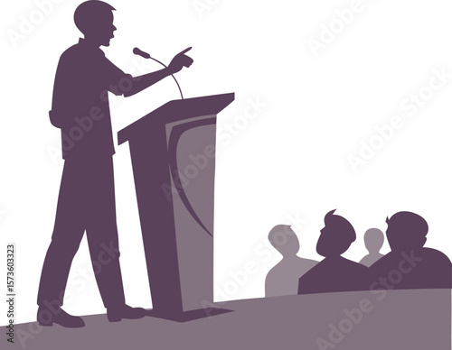 Public Speaking Icon Set – Speaker at Podium Addressing Audience Silhouette Illustration