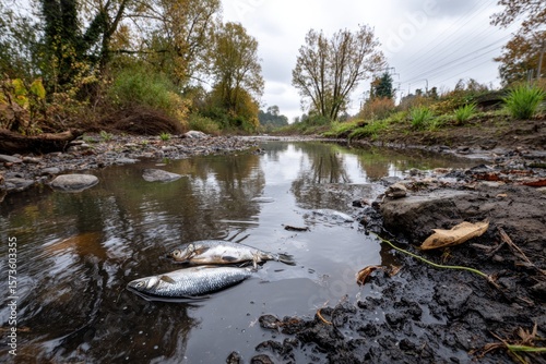 polluted river with dead fish on a black water