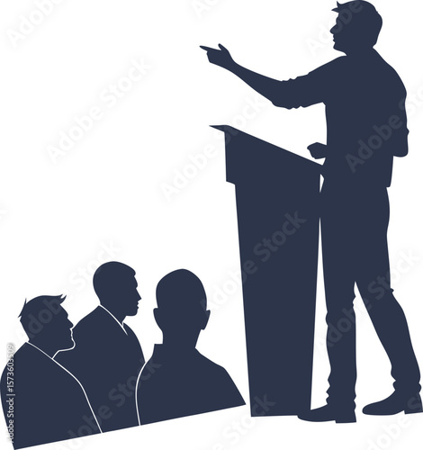 Public Speaking Icon Set – Speaker at Podium Addressing Audience Silhouette Illustration