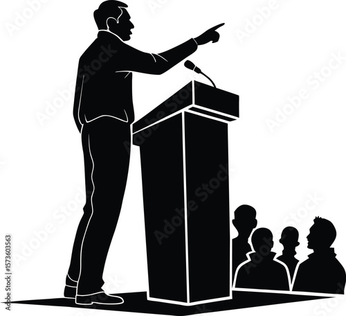 Public Speaking Icon Set – Speaker at Podium Addressing Audience Silhouette Illustration