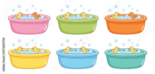 Six colorful tubs with rubber ducks and bubbles for bath time fun