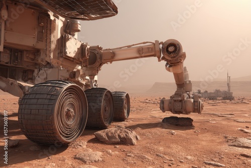 A high-resolution scene of a Mars rover robot exploring the Martian surface. The rover appears to be a large machine equipped with various tools and cameras.