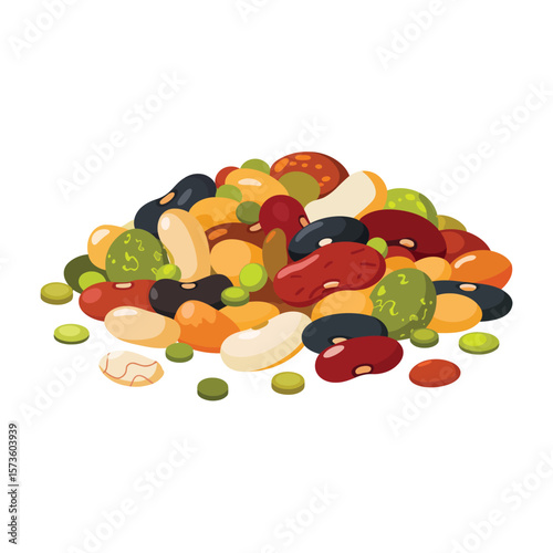 A colorful pile of assorted dried beans and legumes on a white background