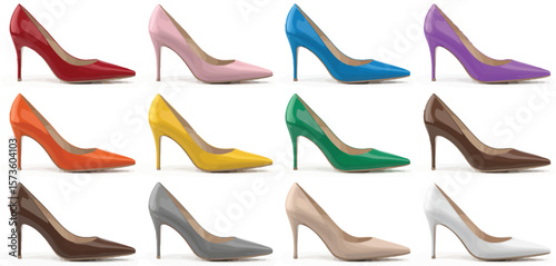 Collection of twelve colorful high heel pump shoes arranged in rows