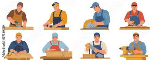 Eight carpenters in overalls working with different woodworking tools and materials