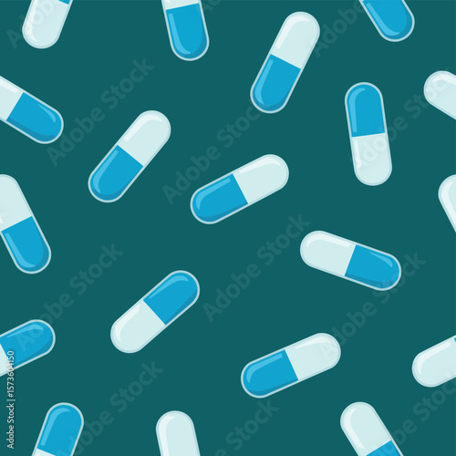 Seamless pattern of blue and white pharmaceutical capsules on a dark teal background