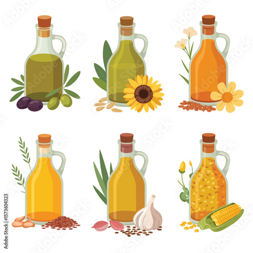 Collection of six glass bottles filled with various cooking oils and ingredients