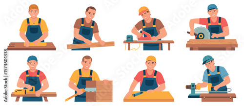 Carpenters working with wood using various tools and equipment