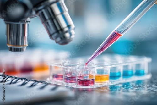 A scientist pipetting fluorescent dye into a microscope with liquid, conducting research in a laboratory setting.