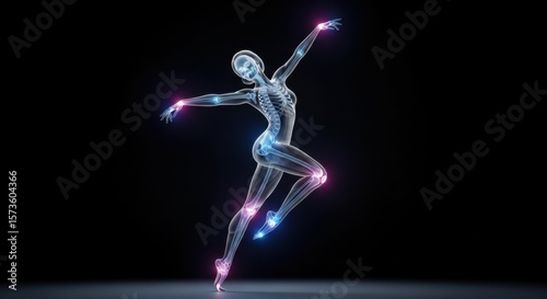 Digital X Ray Style Dancer Performing Elegant Pose with Glowing Joints