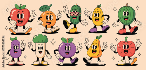 Collection of cheerful cartoon fruits and vegetables with happy faces and peace signs